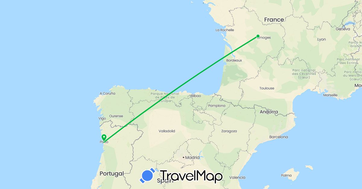 TravelMap itinerary: driving, bus in France, Portugal (Europe)